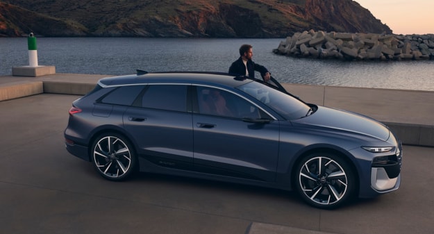 homme qui se tient à côté d'un break audi sur une corniche