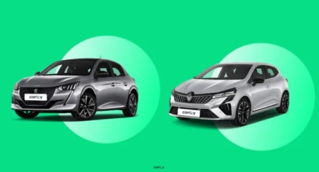 peugeot 208 et renault clio sur fond vert 