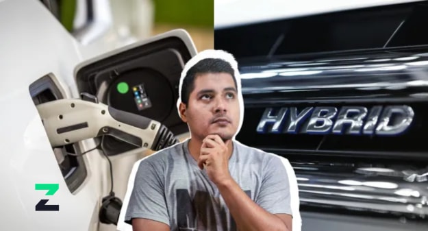 jeune homme qui se questionne, borne de recharge et mention Hybrid