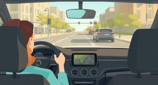 illustration d'une personne en voiture sur une route urbaine