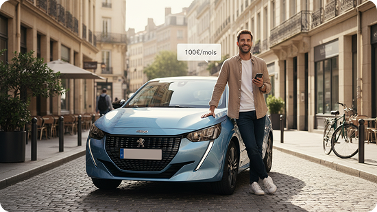 homme sur une voiture avec indication 100 euros par mois
