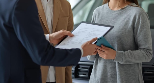 personnes autour d'un document papier avec une voiture en fond